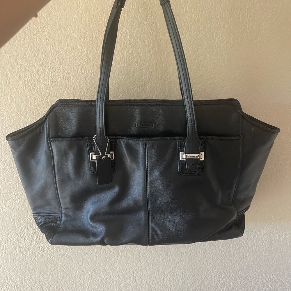 Coach Black Leather Tote with Silver Hardware